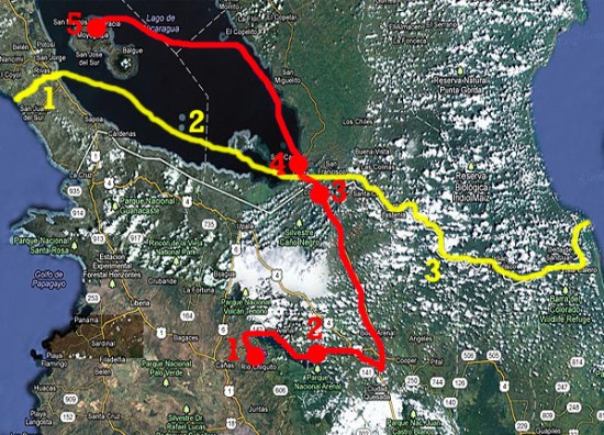 A sinistra l'Oceano Pacifico, a destra il Mar dei Caraibi. La zona oscura al centro, rappresenta il Lago di Nicaragua. La rotta rossa va da Monte Verde ad Ometepe, mentre quella gialla mostra il piano del Canale del Nicaragua. A sinistra l'Oceano Pacifico, a destra il Mar dei Caraibi. La zona oscura al centro, rappresenta il Lago di Nicaragua. La rotta rossa va da Monte Verde ad Ometepe, mentre quella gialla mostra il piano del Canale del Nicaragua.