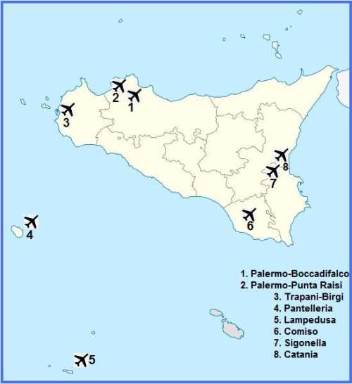 Mappa degli aeroporti civili e militari in Sicilia