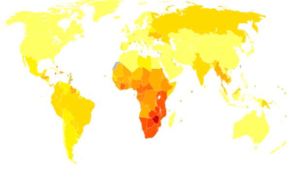 Principali aree di diffusione dell'AIDS (in rosso)